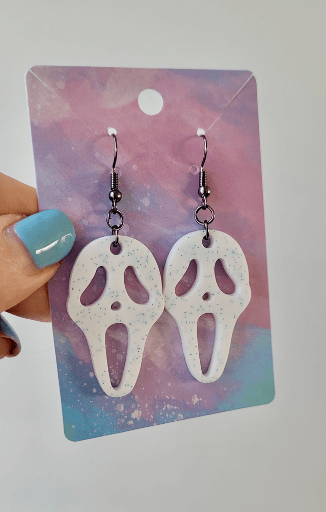 Earrings | Ghostface Scream Earrings - White & Blue Glitter | Stainless Steel Hooks - Gunmetal Black