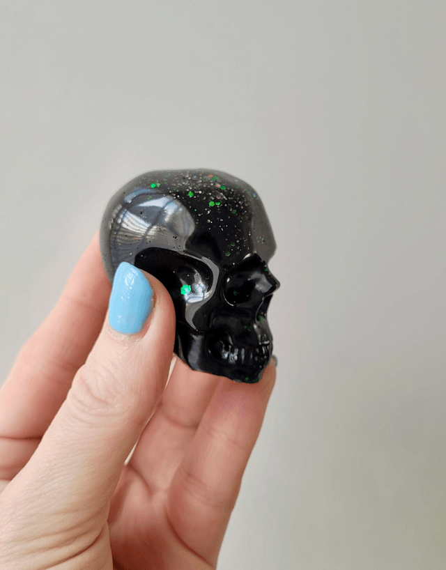 Skull Ornament - Medium - Black with Silver & Green Glitter