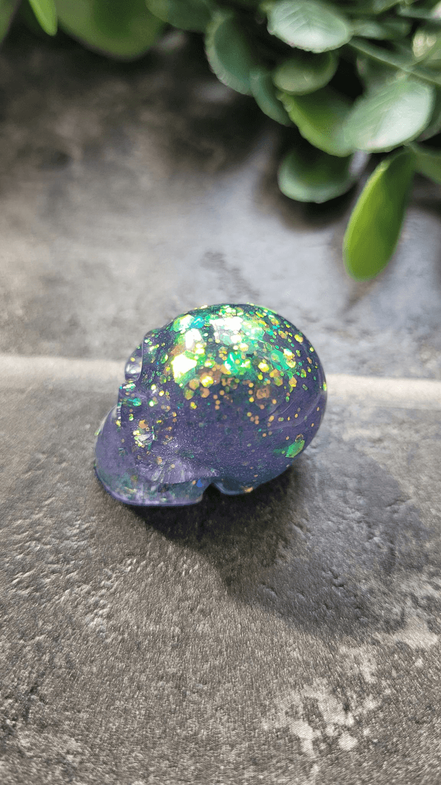 Skull Ornament - Mini - Lilac Purple with Green Holographic Glitter