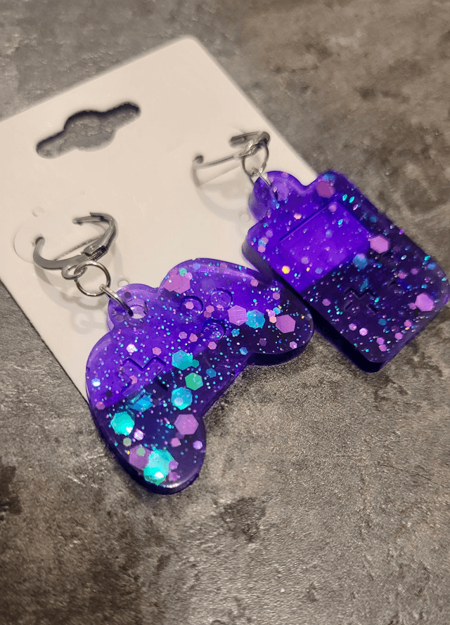 Earrings | Stainless Steel Hoops - Gameboy & Controller | Game Console | Purple Glitter