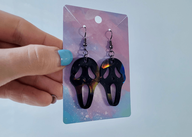 Earrings | Ghostface Scream Earrings - Black Holographic | Stainless Steel Hooks - Gunmetal Black