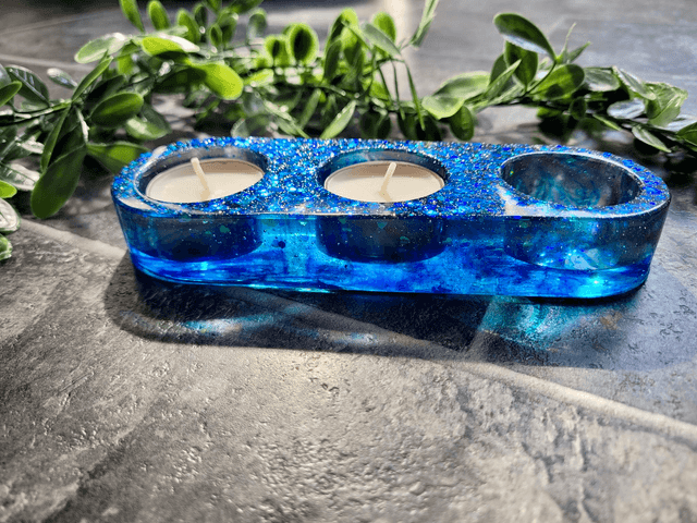 Triple Tealight Candle Holder – Blue Heart Glitter