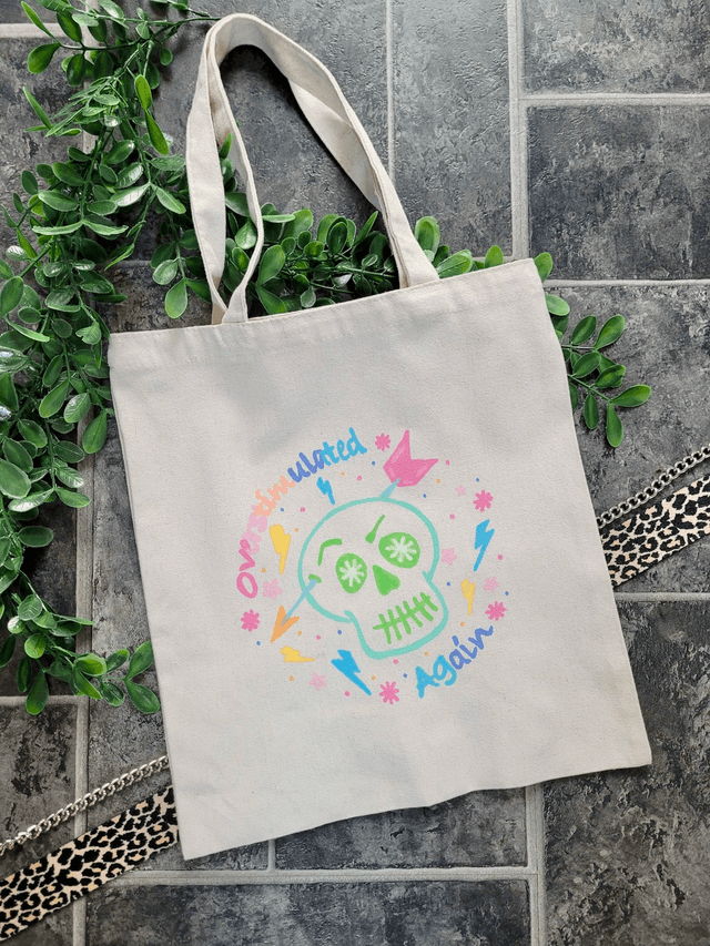 Pastel Hand-Painted “Overstimulated Again” Tote Bag