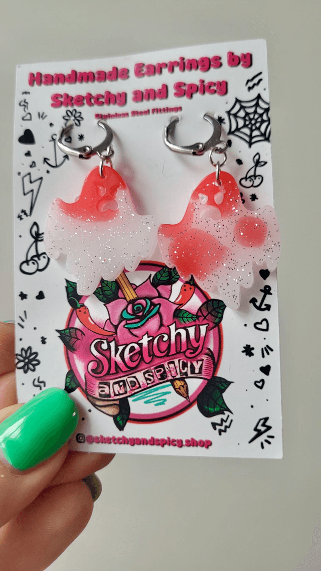 Earrings | Red and White Bloody Ghost Earrings with Silver Glitter | Stainless Steel Leverback Hoops