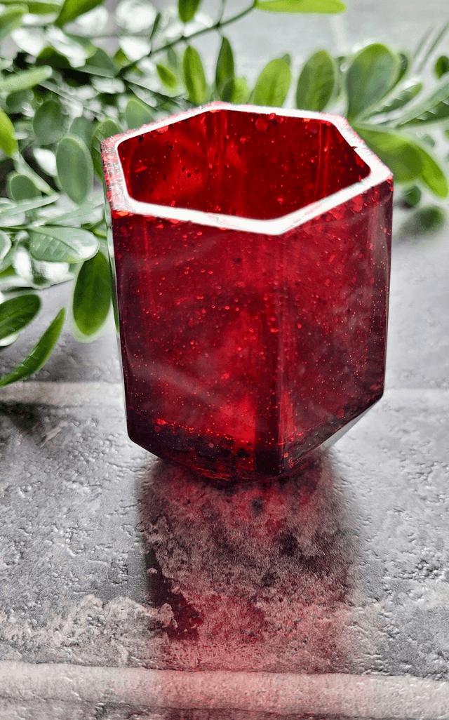 Pencil Pot - Dark Red Glitter Resin Pot – Hexagonal Holder for Pens, Brushes, or Makeup