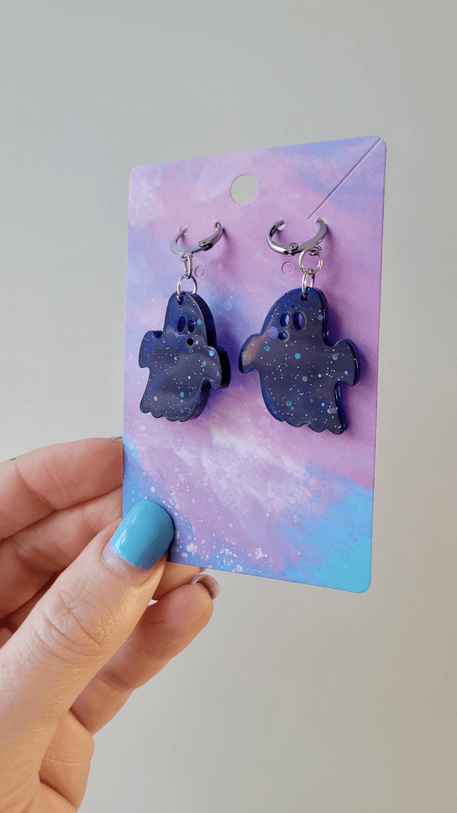Earrings | Navy Blue Glitter Ghost | Stainless Steel Leverback Hoops
