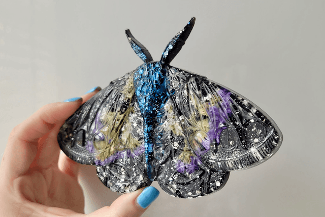 Moth Wall Hanging - Black Glitter, Purple Real Dried Flowers - Midnight Blue Body