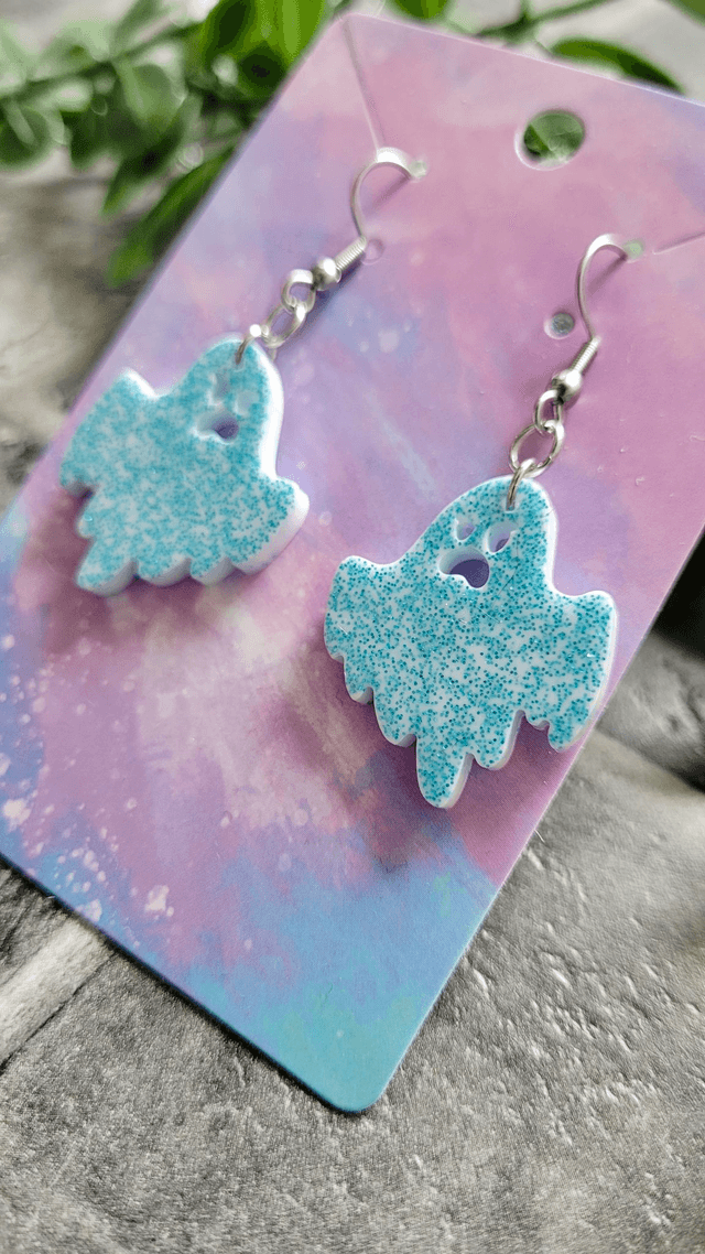 Earrings | Angry Ghost - White with Blue Glitter | Stainless Steel Hooks