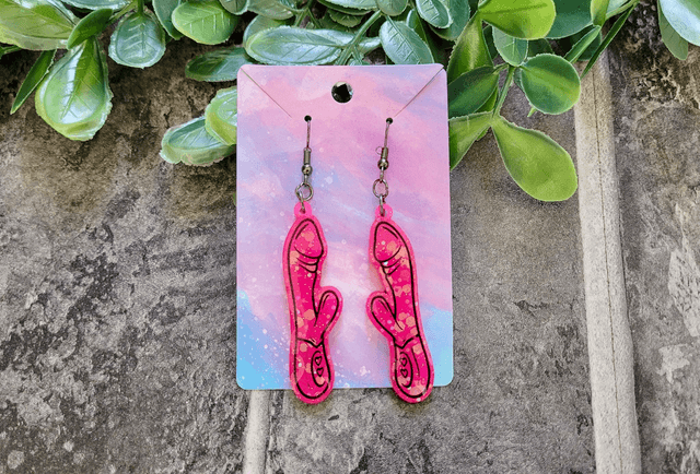 Earrings | Bright Pink Glitter Rabbit Vibrator Earrings | Stainless Steel Hooks