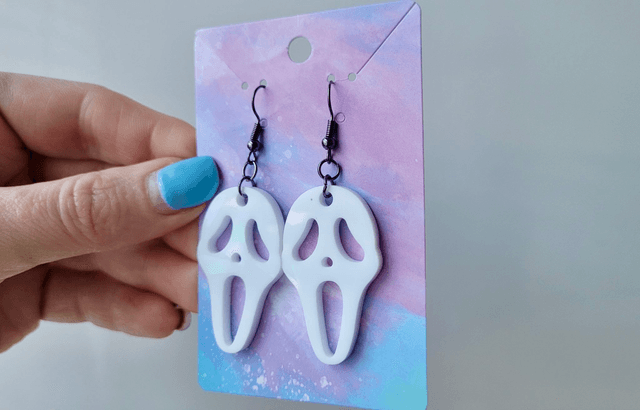 Earrings | Ghostface - Scream - White Holographic Earrings | Stainless Steel Hooks - Gunmetal Black