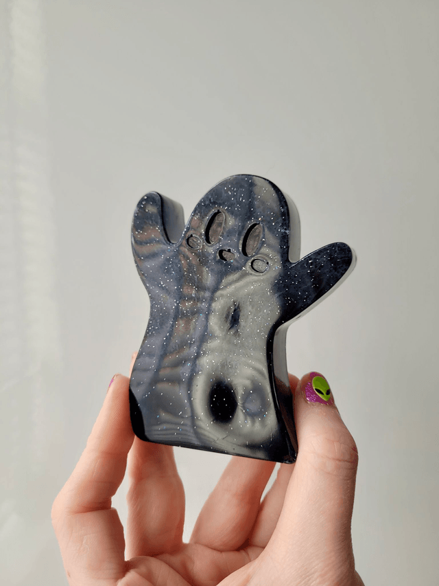 Ghost Ornament - Marbled Black with Silver Glitter 