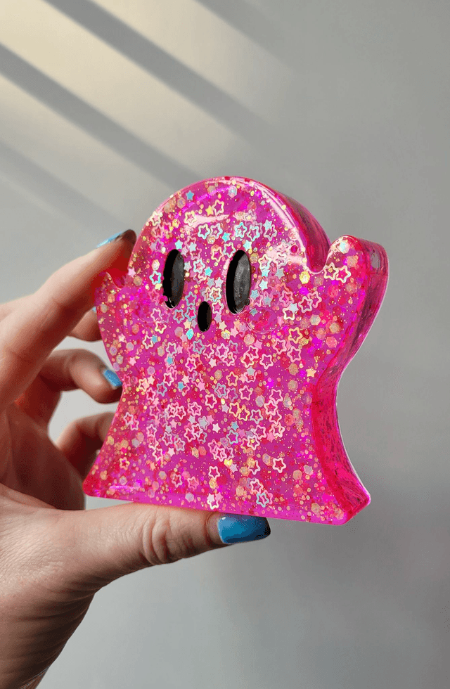 Ghost Ornament - Bright Pink with Holographic Stars