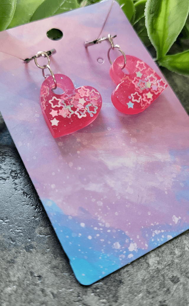Earrings | Pink Star Glitter Hearts | Stainless Steel Lever back Hoops