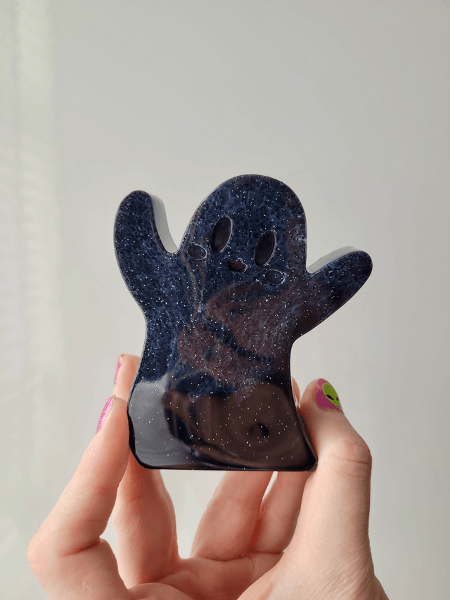 Ghost Ornament - Marbled Black with Silver Glitter 
