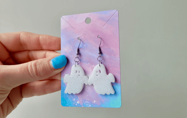 Earrings | White with Silver Glitter Ghost Earrings | Stainless Steel Hooks or Hoops