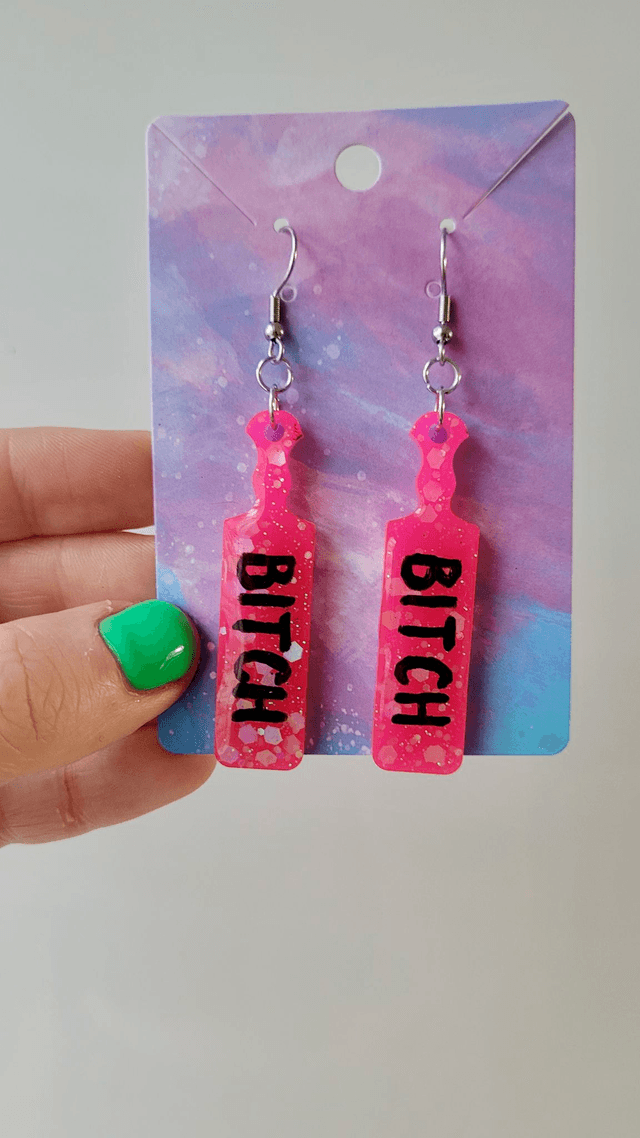Earrings | Bright Pink Glitter BITCH Earrings | Stainless Steel Hooks