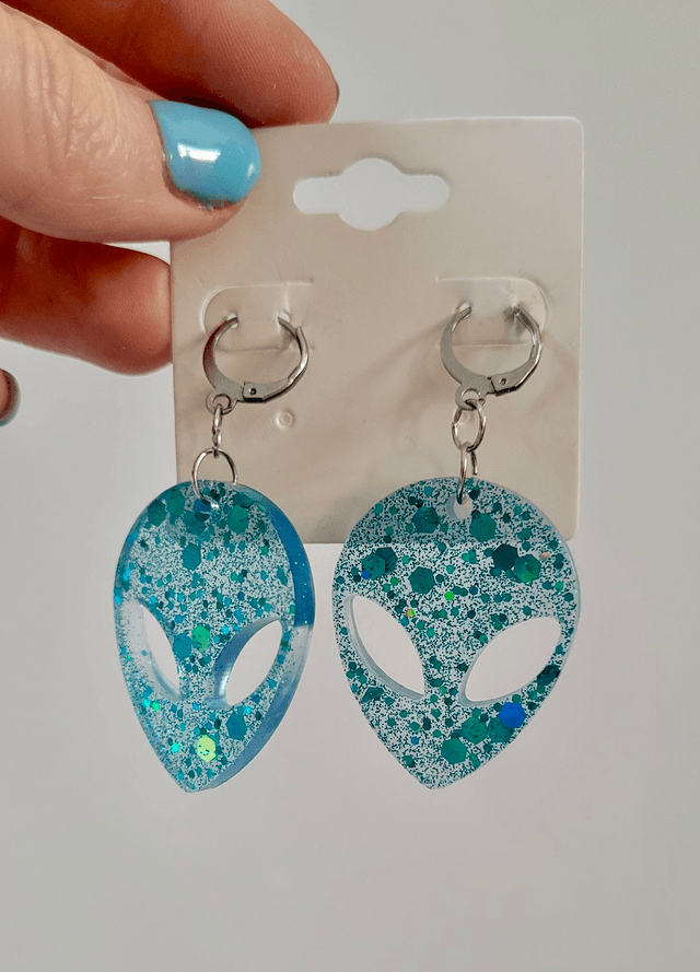Earrings | Blue Glitter Alien Head | Stainless Steel Hoops