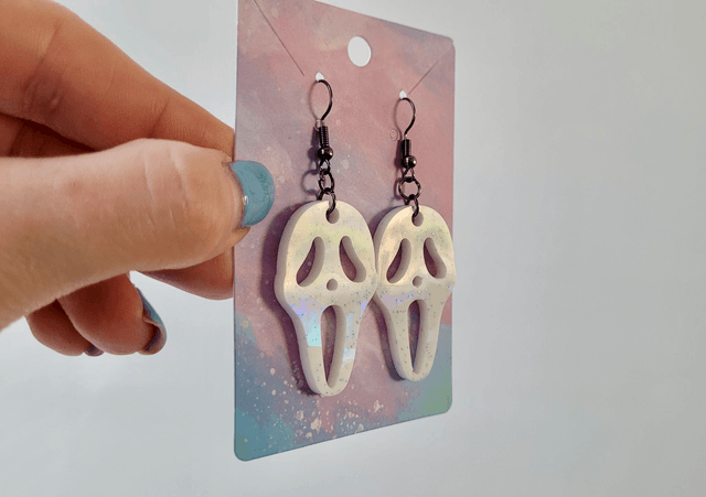 Earrings | Ghostface Scream Earrings - White & Blue Glitter | Stainless Steel Hooks - Gunmetal Black