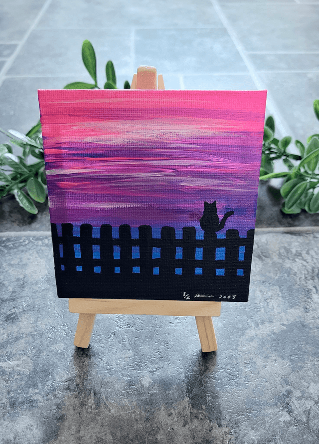 Original Mini Canvas Painting – Sunset Cat on Fence