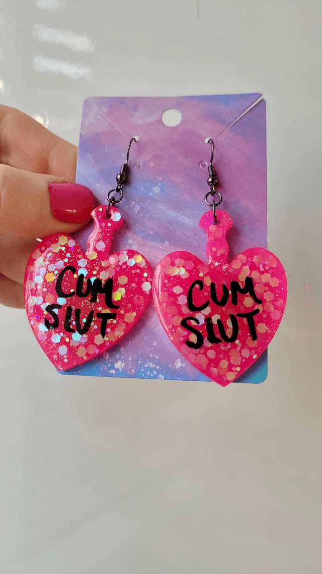 Earrings | CUM SLUT Heart Bright Pink Glitter Paddle Earrings | Stainless Steel Gunmetal Black Hooks