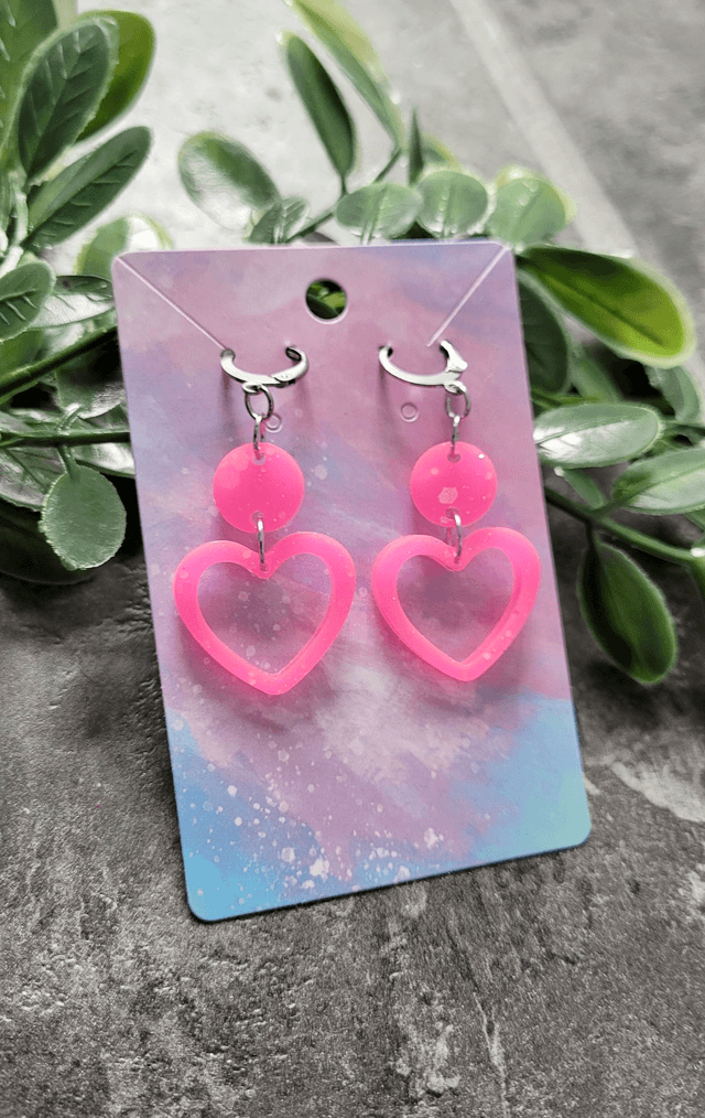 Earrings | Pink Glitter Hearts | Stainless Steel Hoops