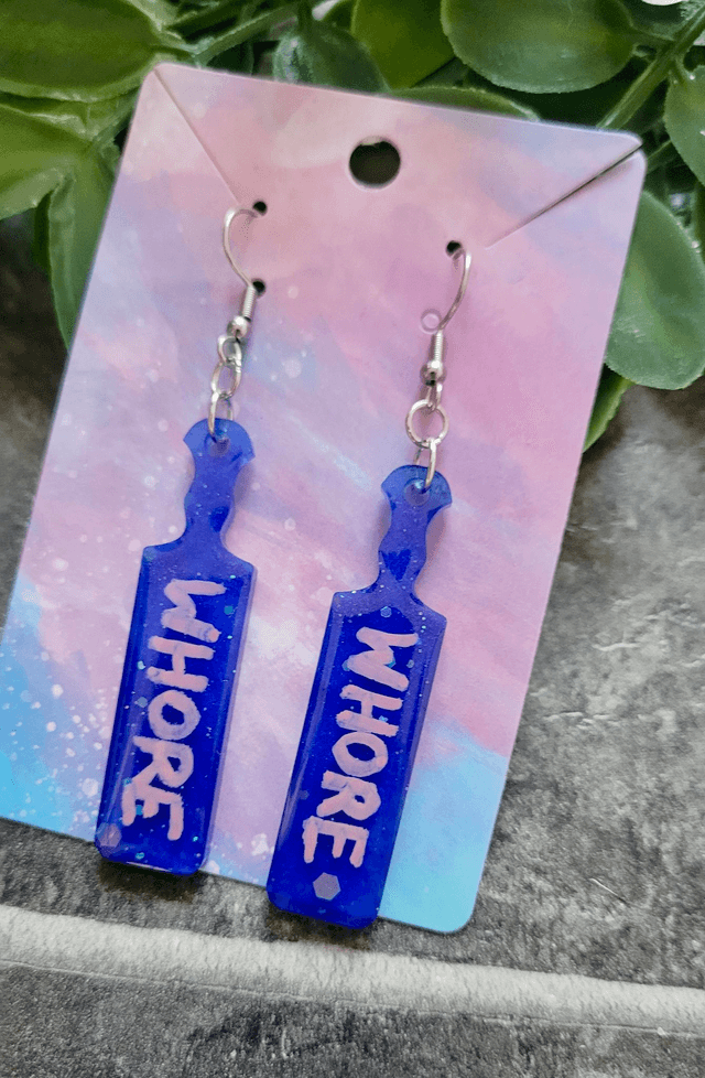 Earrings | WHORE Blue Glitter Paddle Earrings | Stainless Steel Hooks