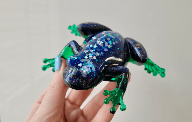 Frog Ornament – Glitter Hearts, Blue, Black & Green