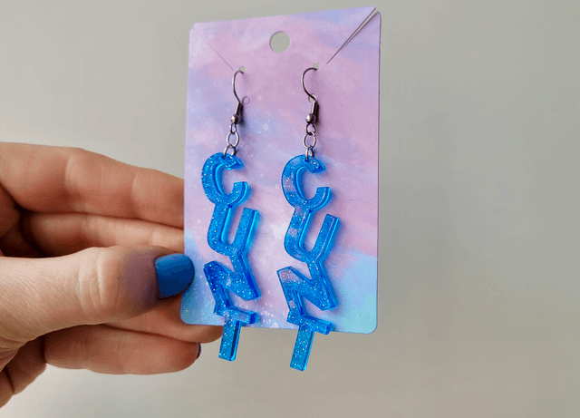 Earrings- Dark or Light Blue Glitter CUNT Swear Earrings | Stainless Steel HooKs