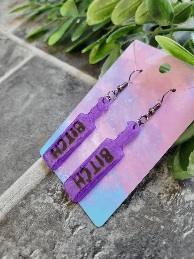 Earrings | Glitter Purple BITCH earrings  | Stainless Steel Gunmetal Black Hooks