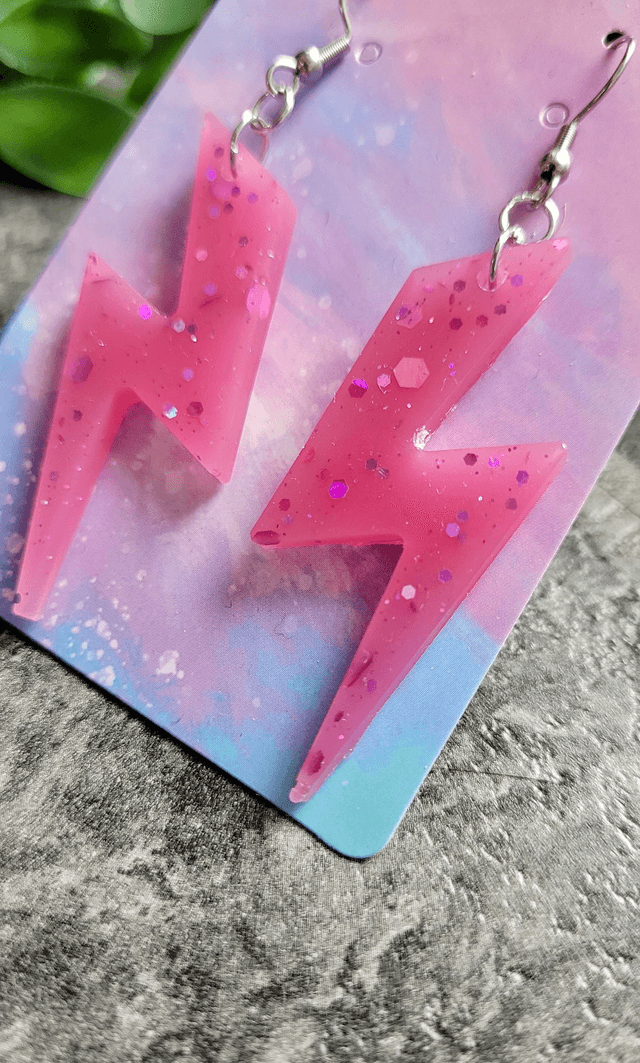 Earrings - Pink Sparkle Lightning Bolt Earrings | Stainless Steel Shepherd Hooks