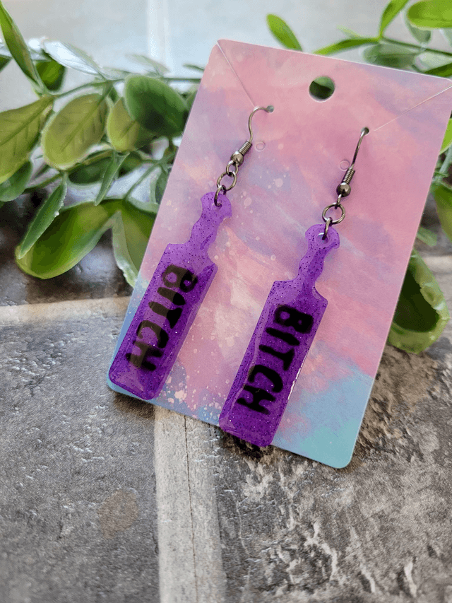 Earrings | Glitter Purple BITCH earrings  | Stainless Steel Gunmetal Black Hooks
