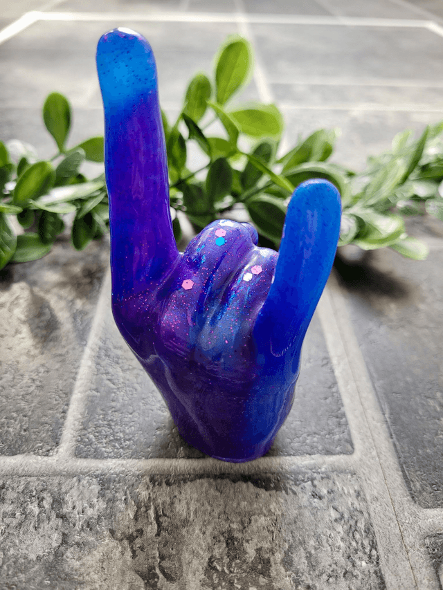 Rock On Hand Ornament – Blue & Purple Glitter - Ring Holder