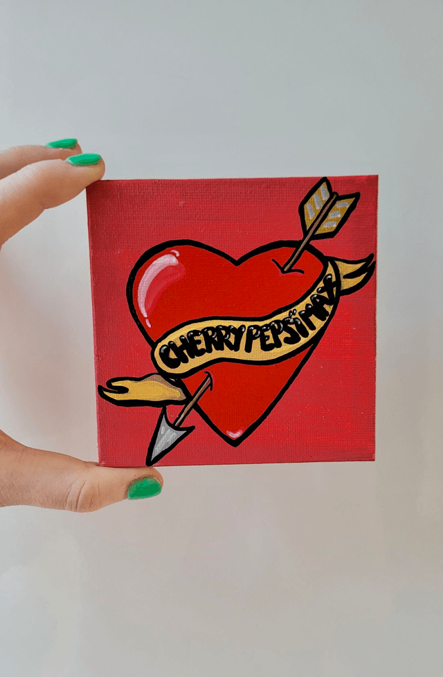 Original Mini Canvas Painting – Cherry Pepsi Max Tattoo Heart & Arrow with Scroll