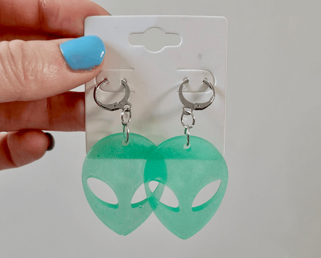 Earrings | Green Shimmer Alien Head | Stainless Steel Hoops