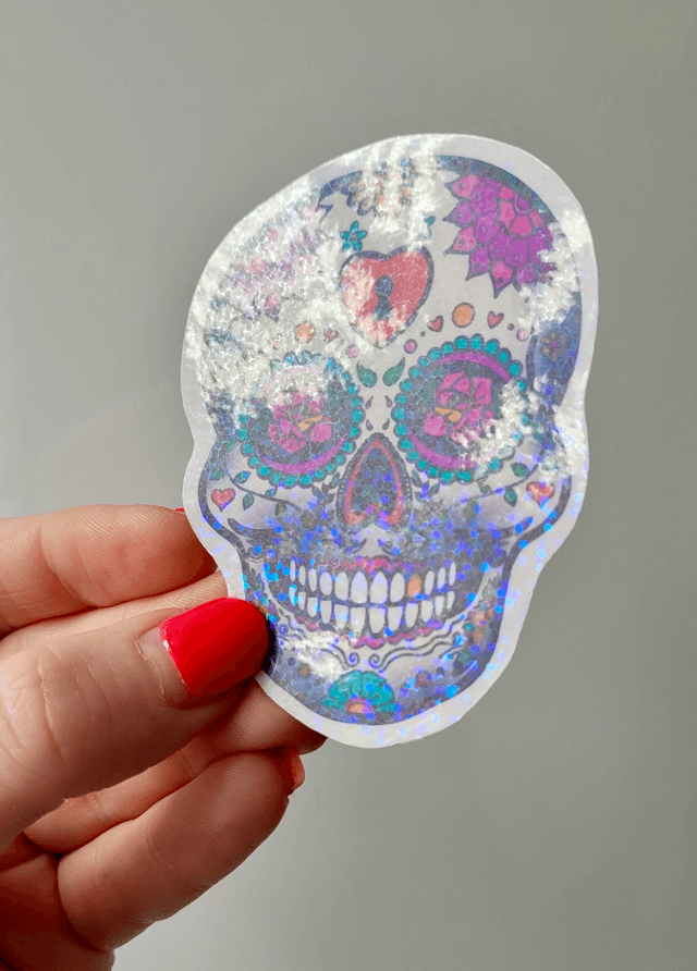 Sparkly Mexican Death Skull Sticker - Sugar Skull Day of the Dead Art