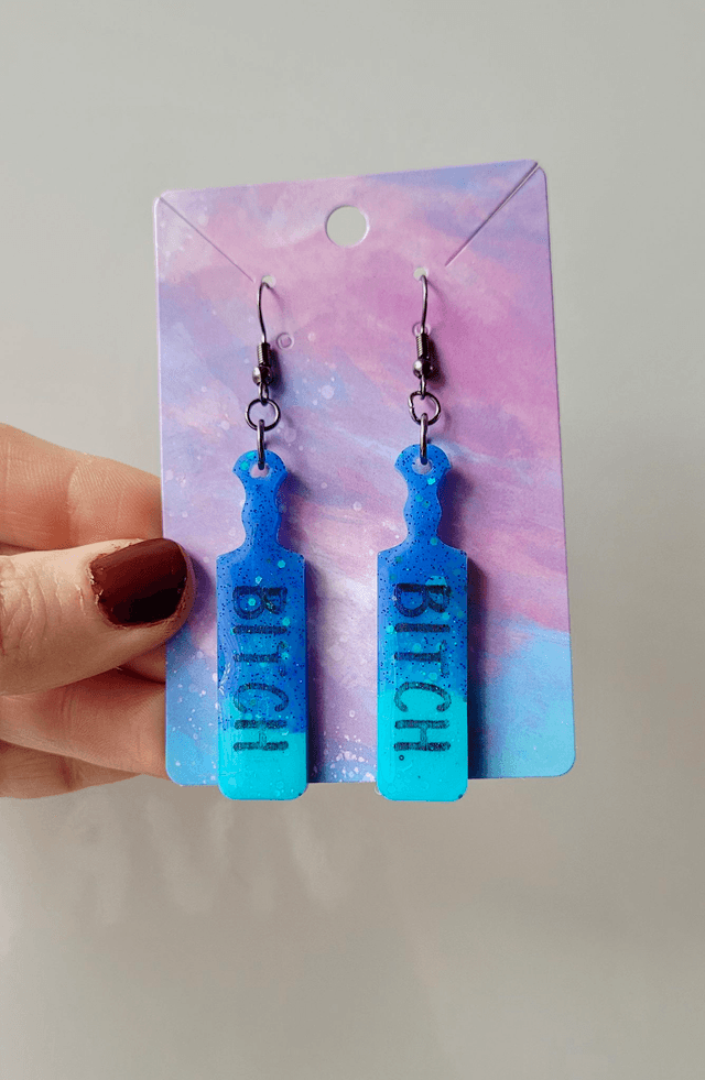 Earrings | Dark Blue-Light Blue Holographic Glitter BITCH earrings  | Stainless Steel Gunmetal Black Hooks