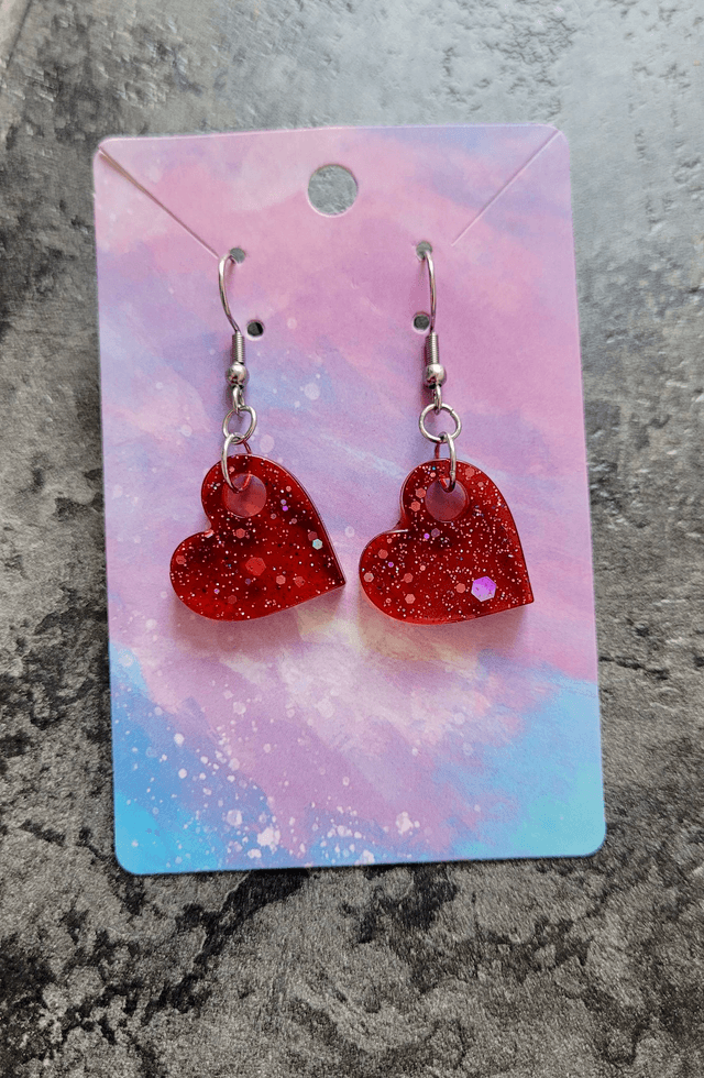Earrings | Dark Wine Red Glitter Hearts | Stainless Steel Hoops or Hooks