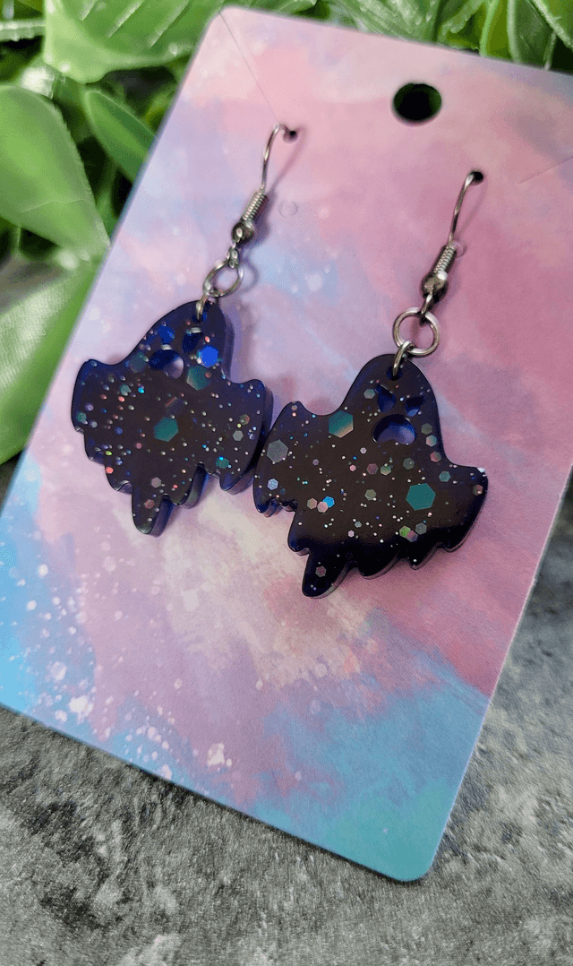 Earrings | Angry Ghost - Navy Blue-Black Glitter | Gunmetal Stainless Steel Hooks