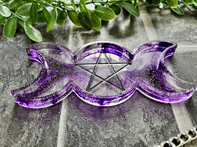 Trinket Tray - Triple Moon Phase Pentacle - Purple Swirl Glitter