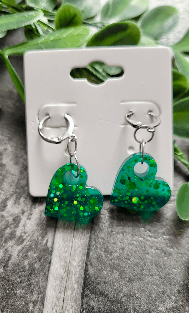 Earrings | Glitter Green Hearts | Stainless Steel Hoops