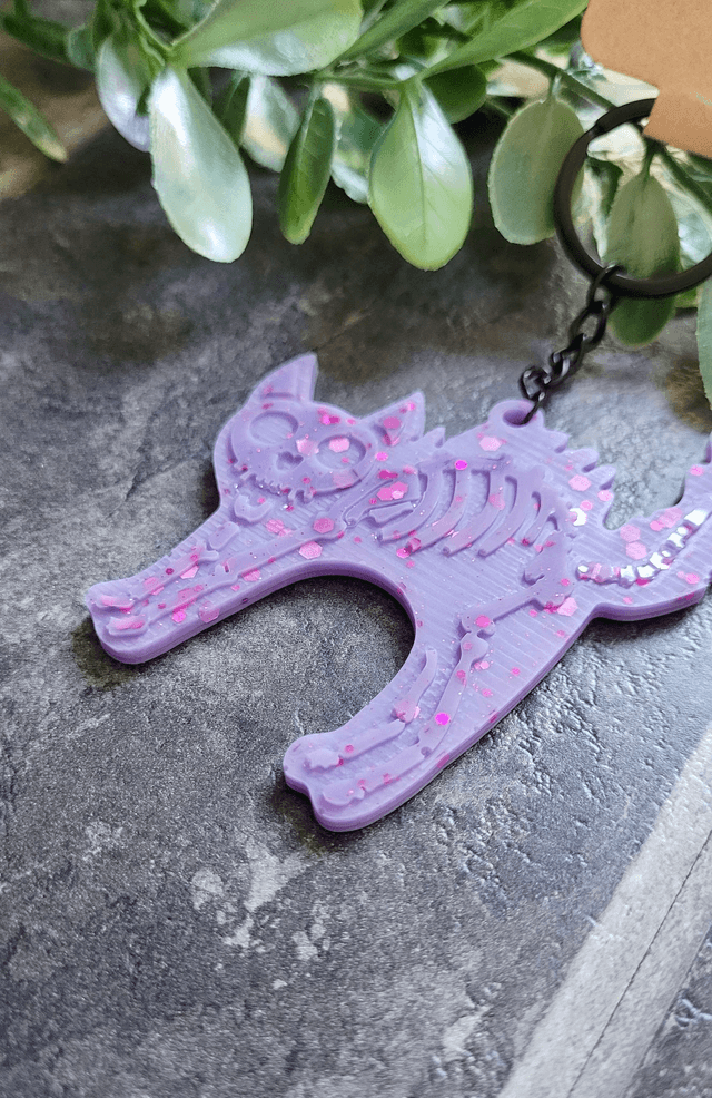 Purple Glitter Skeleton Cat Keychain - Hellcat Keyring