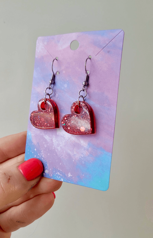 Earrings | Dark Wine Red Glitter Hearts | Stainless Steel Hoops or Hooks
