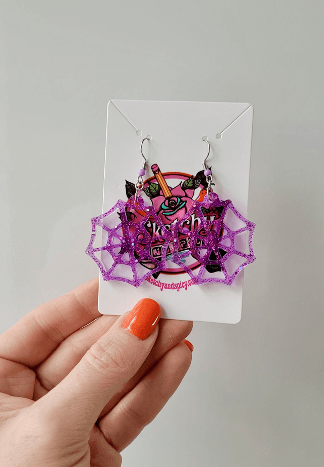Earrings | Purple Glitter Spiderwebs | Stainless Steel Hooks