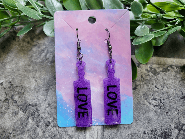 Earrings | Purple Glitter LOVE Paddle Earrings | Stainless Steel Leverback Hooks