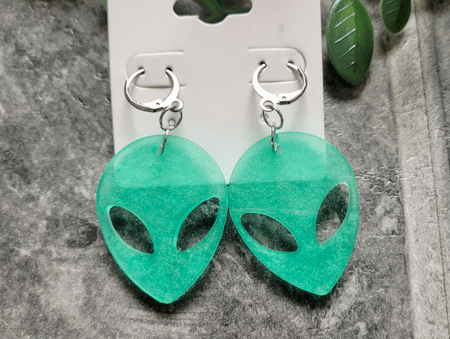 Earrings | Green Shimmer Alien Head | Stainless Steel Hoops