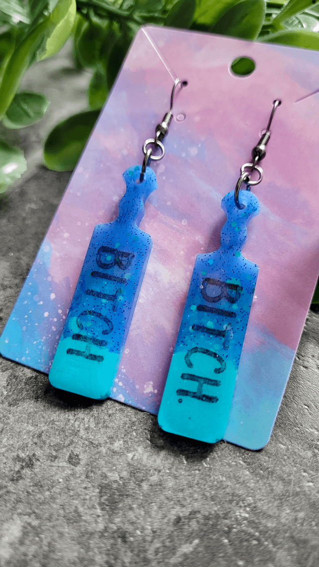 Earrings | Dark Blue-Light Blue Holographic Glitter BITCH earrings  | Stainless Steel Gunmetal Black Hooks
