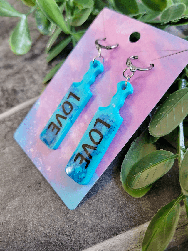 Earrings | Blue Glitter  Tye Die LOVE Paddle Earrings | Stainless Steel Leverback Hoops