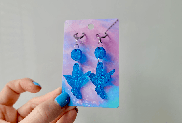 Earrings | Blue Glitter Swallow Birds | Stainless Steel Hoops
