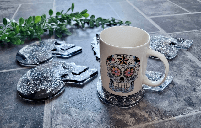 Coasters Set of 4 with Holder - Skull Coasters with Silver Glitter and Black Swirls