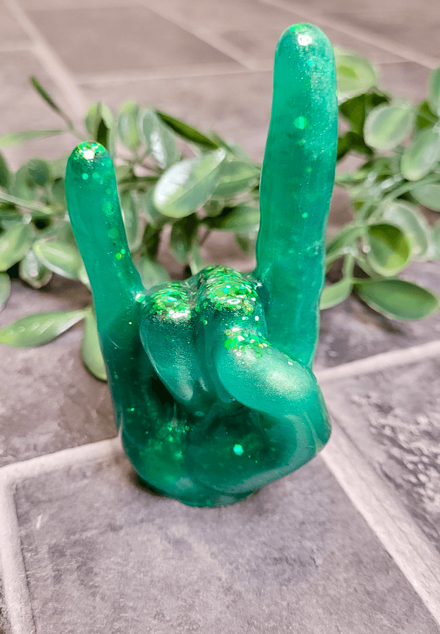Rock On Hand Ornament – Green Glitter